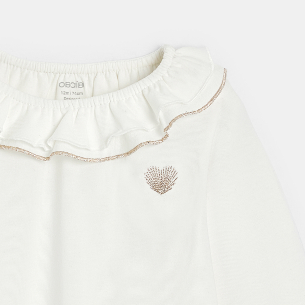 تي شيرت أبيض برقبة مكشكشة للفتيات الصغيرات